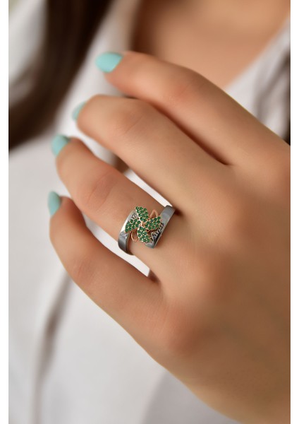 925 Ayar Gümüş Rose Rodyum Kaplama İsimli Yeşil Zirkon Taşlı Dönen Pervane Yüzük modelleri