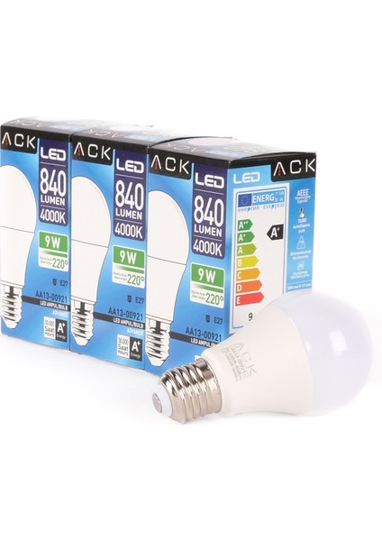 9W 3'lü Paket LED A60 Ampul 4000K Ilık Beyaz AA13-00921