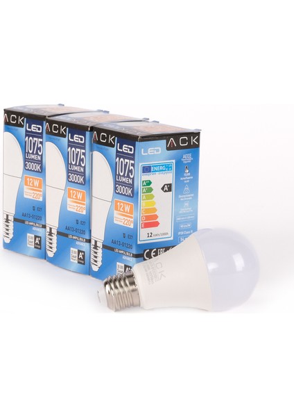 12W 3'lü Paket LED A60 Ampul 3000K Günışığı AA13-01220