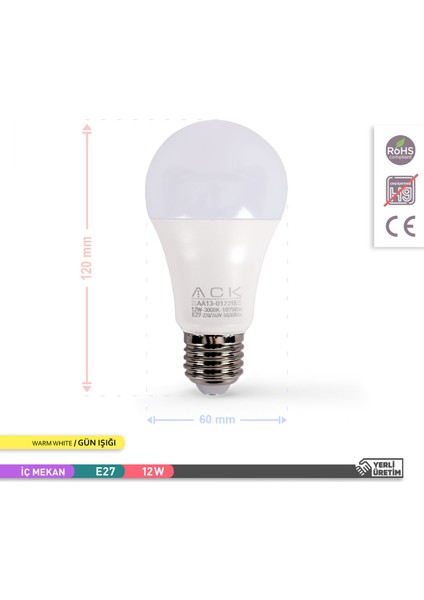 12W 3'lü Paket LED A60 Ampul 3000K Günışığı AA13-01220