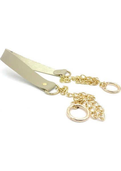 Tek Kat Suni Deri Bej Renk Ince Zincirli Sap Light Gold Metal