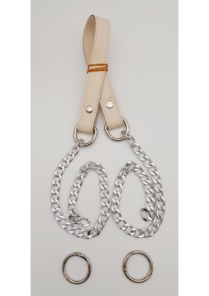 Suni Deri Dikişli Gümüş Zincirli Krem Renk Çanta Sapı