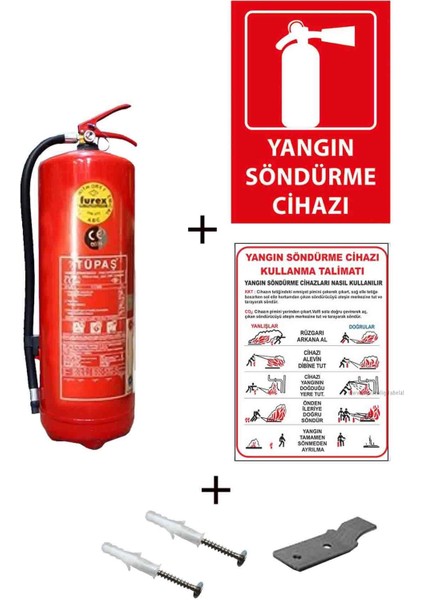 6kg Tüpaş Yangın Tüpü, Kullanım Talimatı, Yangın Tüpü Levhası, Askı Aparatı, Dübel Vida ,kare Sehpa 6lı Set