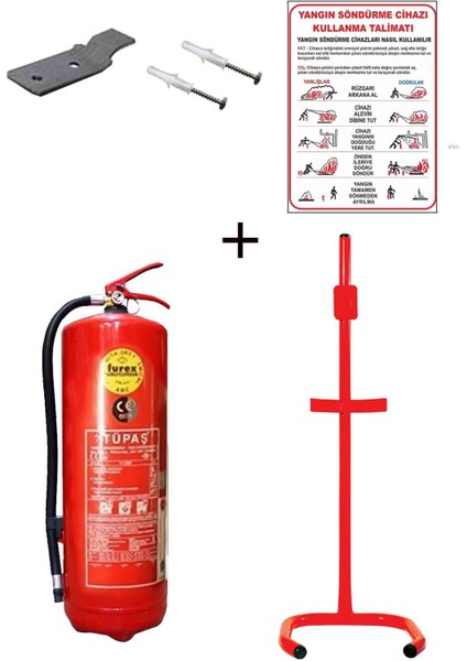 6kg Tüpaş Yangın Tüpü,yangın Tüpü Kullanım Talimatı, Askı Aparatı, Dübel Vida ve C Tipi Sehpa 5li Set