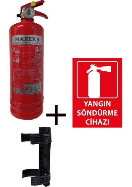 1kg Mapeks Yangın Tüpü, Plastik Aparatı ve Yangın Tüpü Levhası 3lü Set