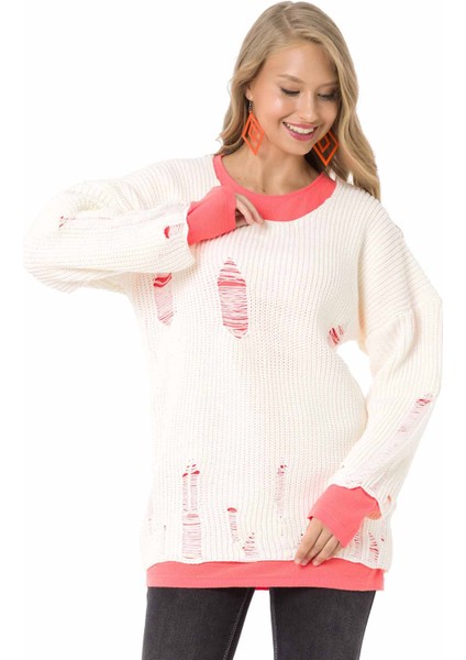 WP240 Vintage Yırtıklı Iki Kat Pembe+Ekru Triko modelleri