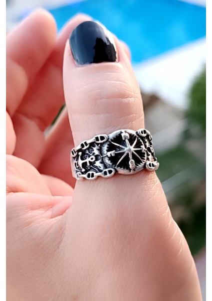 Denizci Pusulası Şekilli Erkek Yüzük Gümüş Kaplama Ayarlanabilir El Yapımı Erkek Yüzük