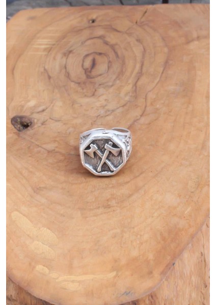 Balta Desenli Gümüş Renk Ayarlanabilir Erkek Yüzük