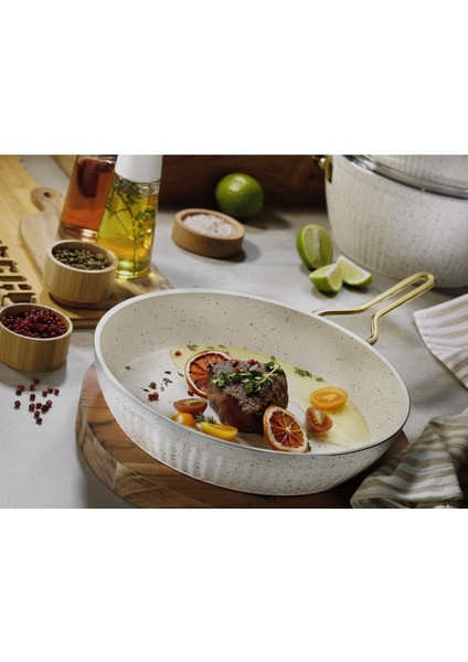 Maya Granit Desenli Tava Altın Kulp - Beyaz - 24 cm