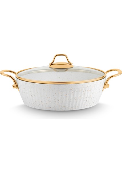 Maya Granit Desenli Basık Tencere Altın Kulp - Beyaz - 22 cm