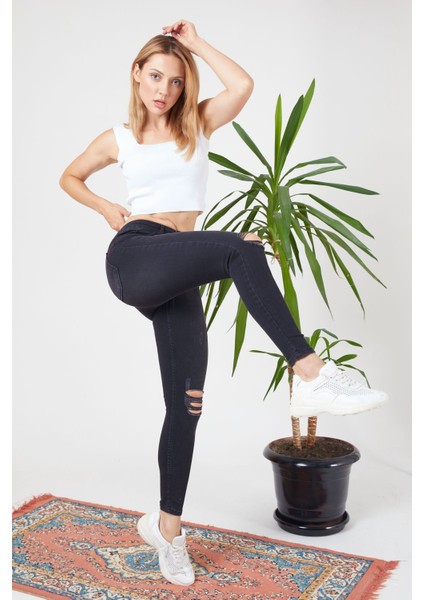 Füme Diz Yırtık Skinny Jean Dar Paça Kot Pantolon (Dar Kalıp L Bedene Uygun Değildir)