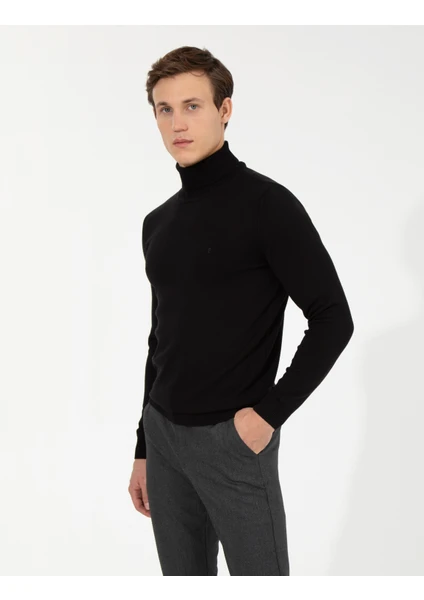 Pierre Cardin Erkek Siyah Slim Fit Balıkçı Yaka Basic Triko Kazak 50257158-VR046