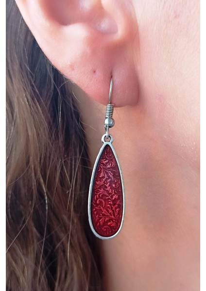 Su Damlası Şekilli Kırmızı Mineli Çift Adet Kadın Küpe Gümüş Kaplama El Yapımı Kadın Küpe