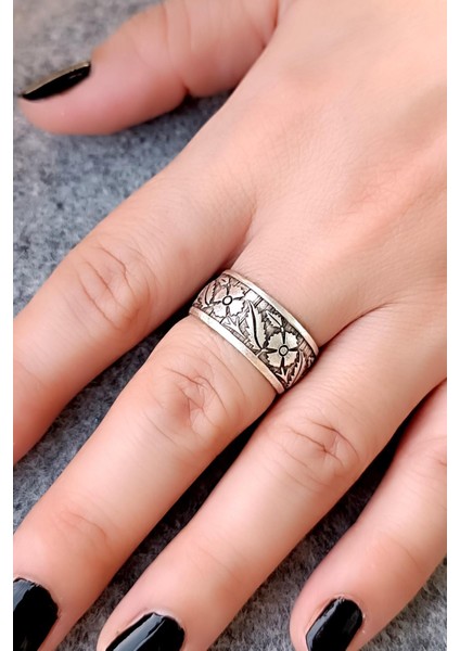 Yaprak Desenli Erkek Yüzük Gümüş Kaplama Ayarlanabilir El Yapımı Erkek Yüzük