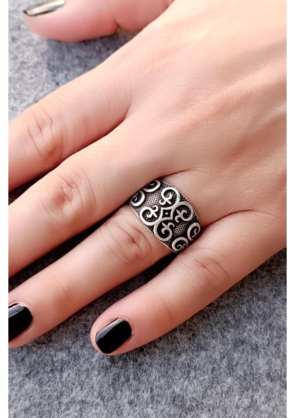 Motif Şekilli Erkek & Kadın Yüzük Gümüş Kaplama Ayarlanabilir El Yapımı Unisex Yüzük