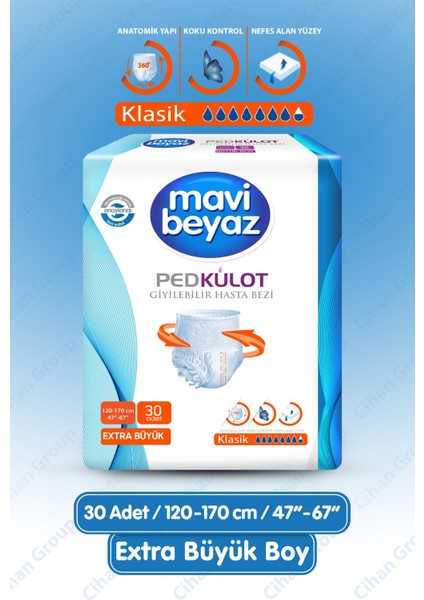 Mavi Beyaz Ped Emici Külot Hasta Bezi X-Large Extra Büyük 30 Adet