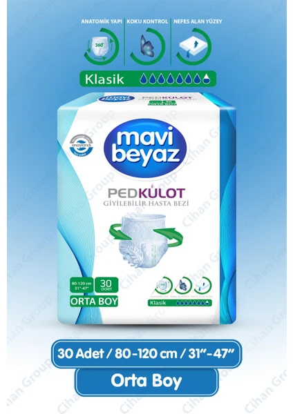 Mavi Beyaz Ped Emici Külot Hasta Bezi Medium Orta (30 Adet)