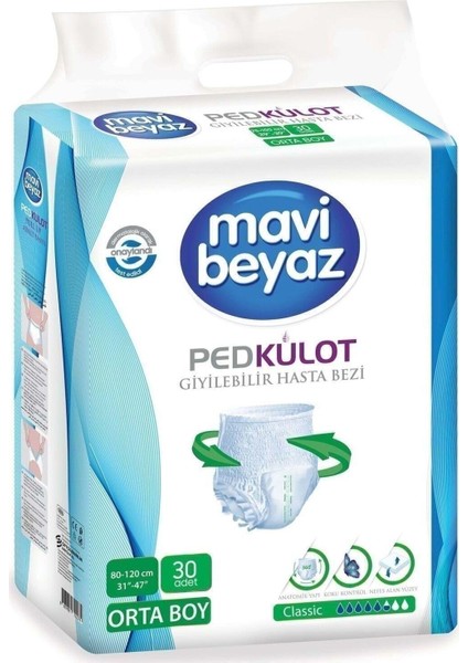 Mavi Beyaz Ped Emici Külot Hasta Bezi Medium Orta (30 Adet)