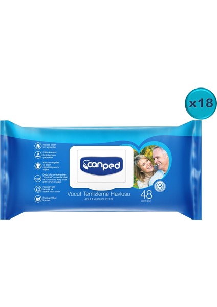 Hasta Vücut Perine Temizleme Islak Mendil Havlu 48 Yaprak Xl (18 Li Set) Plastik Kapaklı