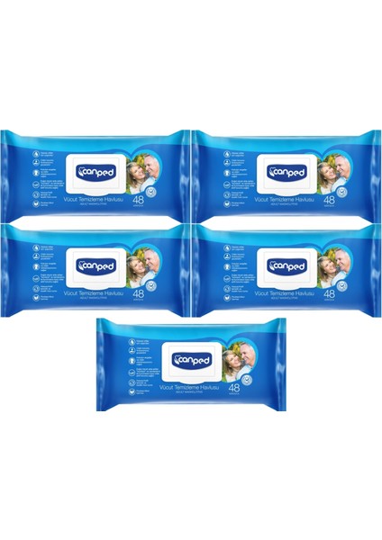 Hasta Vücut Perine Temizleme Islak Mendil Havlu 48 Yaprak Xl (5 Li Set) Plastik Kapaklı