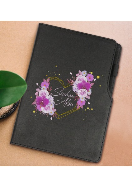 Gift Kişiye Özel Çiçek Tasarımlı Siyah Termo Deri Not Defteri 15X21CM-3
