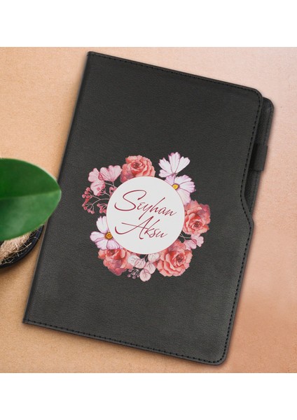 Gift Kişiye Özel Çiçek Tasarımlı Siyah Termo Deri Not Defteri 15X21CM-2