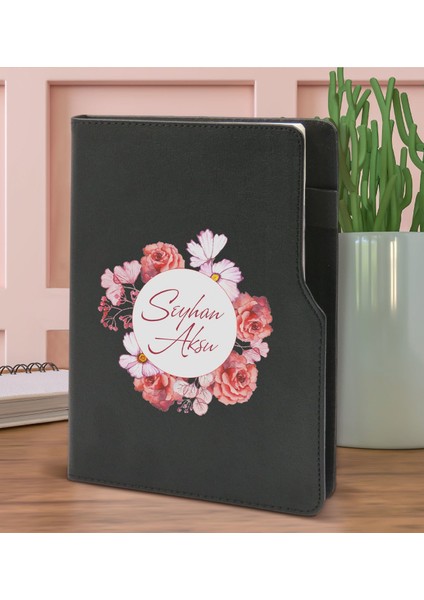 Gift Kişiye Özel Çiçek Tasarımlı Siyah Termo Deri Not Defteri 15X21CM-2 fiyatları