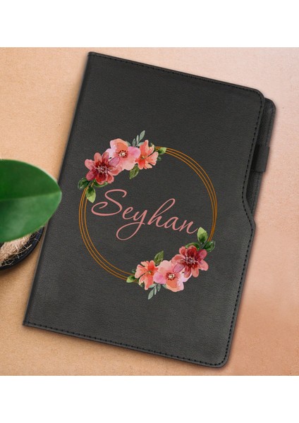 Gift Kişiye Özel Çiçek Tasarımlı Siyah Termo Deri Not Defteri 15X21CM-18