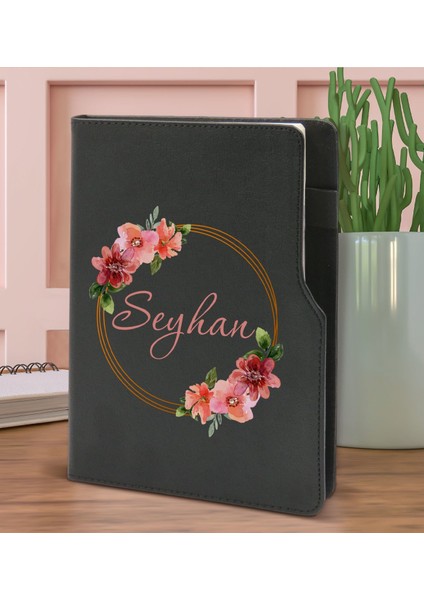 Gift Kişiye Özel Çiçek Tasarımlı Siyah Termo Deri Not Defteri 15X21CM-18 fiyatları
