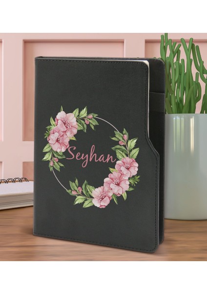 Gift Kişiye Özel Çiçek Tasarımlı Siyah Termo Deri Not Defteri 15X21CM-17