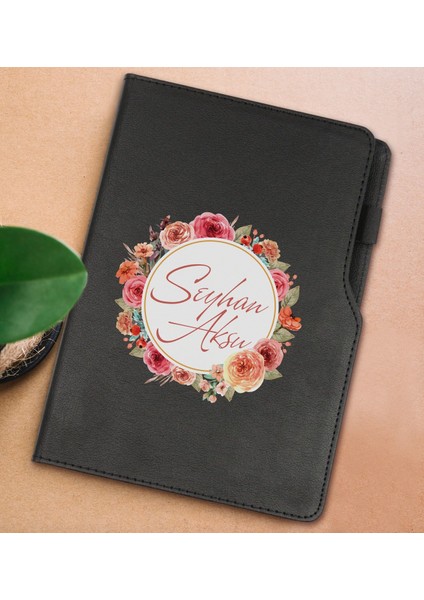 Gift Kişiye Özel Çiçek Tasarımlı Siyah Termo Deri Not Defteri 15X21CM-12