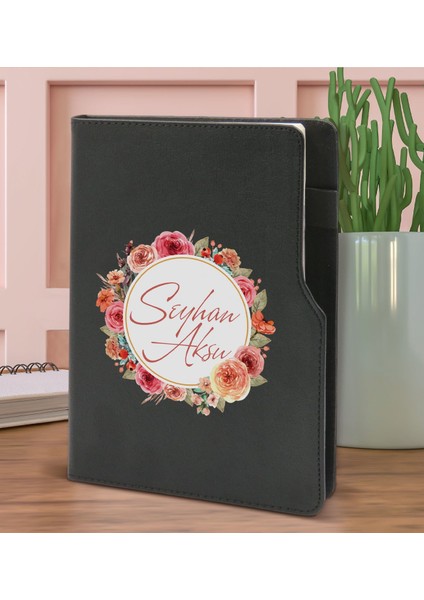 Gift Kişiye Özel Çiçek Tasarımlı Siyah Termo Deri Not Defteri 15X21CM-12 fiyatları
