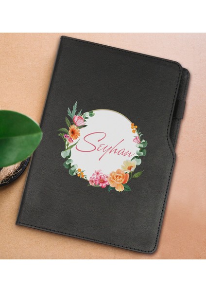 Gift Kişiye Özel Çiçek Tasarımlı Siyah Termo Deri Not Defteri 15X21CM-10