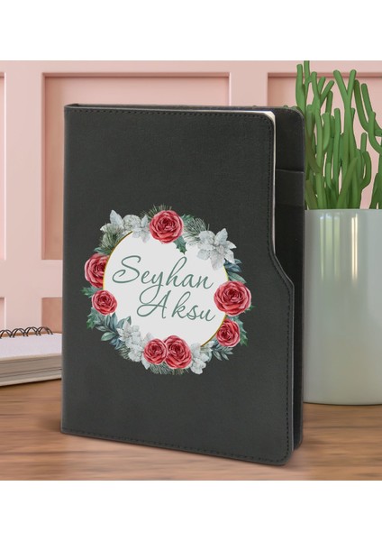 Gift Kişiye Özel Çiçek Tasarımlı Siyah Termo Deri Not Defteri 15X21CM-8 fiyatları