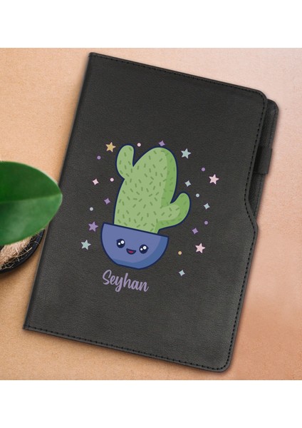 Gift Kişiye Özel Kaktüs Tasarımlı Siyah Termo Deri Not Defteri 15X21CM-4