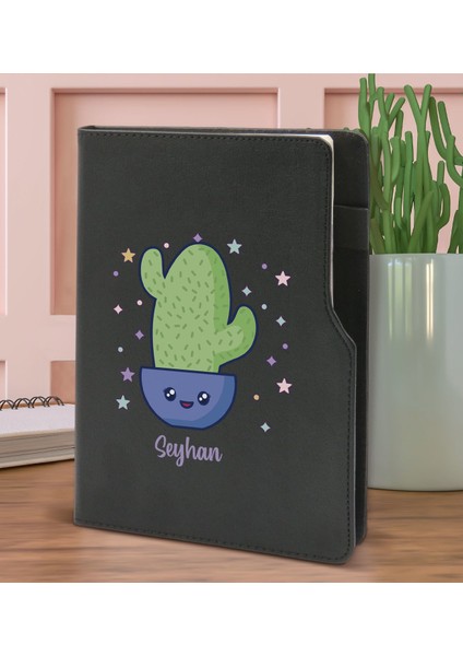 Gift Kişiye Özel Kaktüs Tasarımlı Siyah Termo Deri Not Defteri 15X21CM-4 fiyatları
