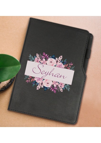 Gift Kişiye Özel Çiçek Tasarımlı Siyah Termo Deri Not Defteri 15X21CM-22