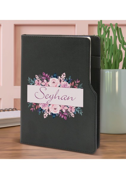 Gift Kişiye Özel Çiçek Tasarımlı Siyah Termo Deri Not Defteri 15X21CM-22 fiyatları
