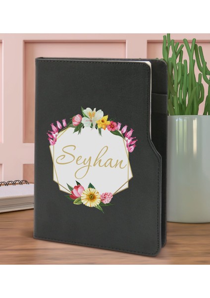 Gift Kişiye Özel Çiçek Tasarımlı Siyah Termo Deri Not Defteri 15X21CM-9 fiyatları