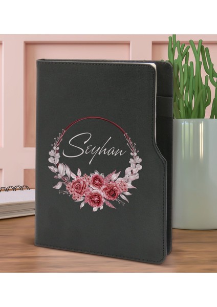 Gift Kişiye Özel Çiçek Tasarımlı Siyah Termo Deri Not Defteri 15X21CM-1 fiyatları