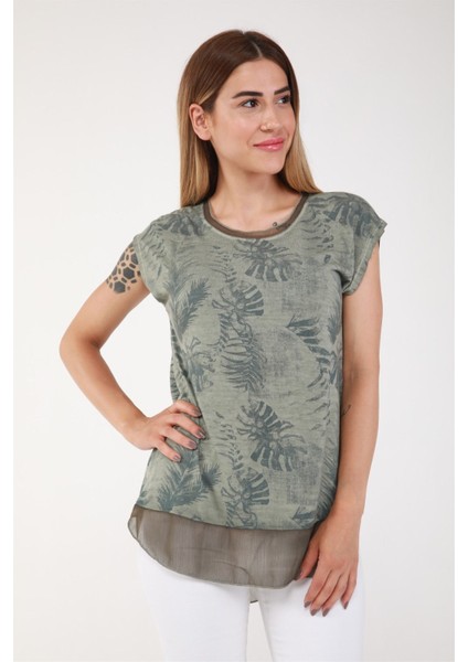 Yaprak Desen Etek Ucu Şifon Yağ Yıkama Tshirt-Yeşil
