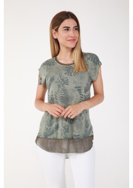 Yaprak Desen Etek Ucu Şifon Yağ Yıkama Tshirt-Yeşil