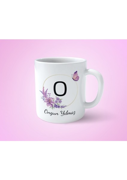 Kişiye Özel O Baş Harfli Isimli Mor Çerçeveli Beyaz Kupa Bardak-1