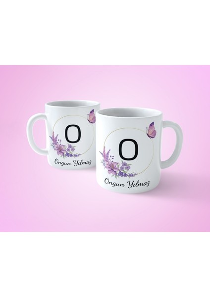 Kişiye Özel O Baş Harfli Isimli Mor Çerçeveli Beyaz Kupa Bardak-1 fiyatları