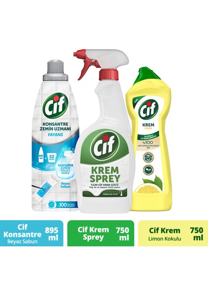 Krem Sprey 750 ml + Cif Krem Yüzey Temizleyici Limon 750 ml + Cif Zemin Uzman Beyaz Sabun 895 ml