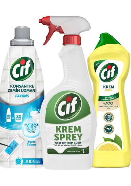 Krem Sprey 750 ml + Cif Krem Yüzey Temizleyici Limon 750 ml + Cif Zemin Uzman Beyaz Sabun 895 ml