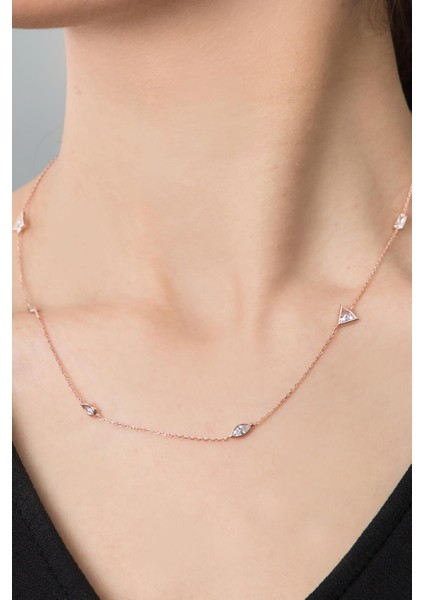 925 Ayar Gümüş Rose Kaplama Geometrik Desenli Zirkon Taşlı Zincir Kolye modelleri