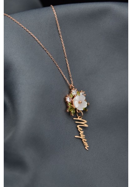 925 Ayar Gümüş Rose Kaplama Isimli Sedef Manolya Çiçeği Kadın Kolye