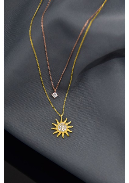 925 Ayar Gümüş Gold-Rose Kaplama Zirkon Taşlı Asansörlü Tektaş ve Güneş Kolye