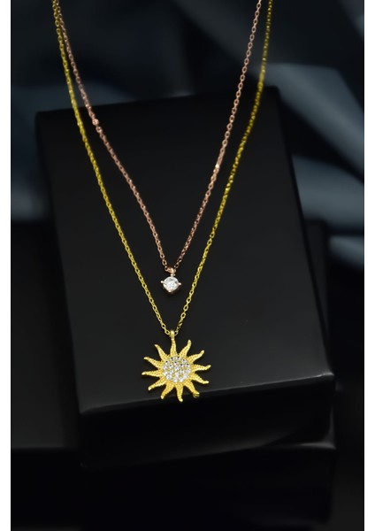 925 Ayar Gümüş Gold-Rose Kaplama Zirkon Taşlı Asansörlü Tektaş ve Güneş Kolye fiyatları